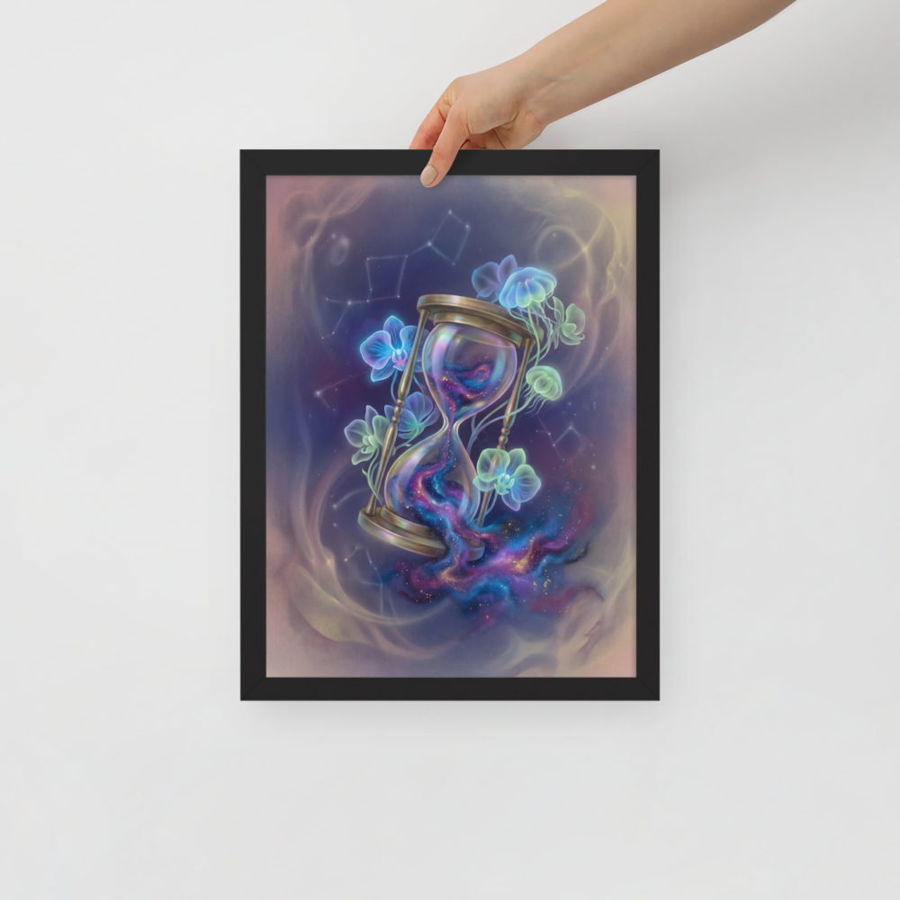 'Sands of the Nebula' — a Magic realism print. A magical brass hourglass filled with a swirling galaxy, surrounded by glowing orchids and jellyfish in a starry sky, ideal for a Bedroom.