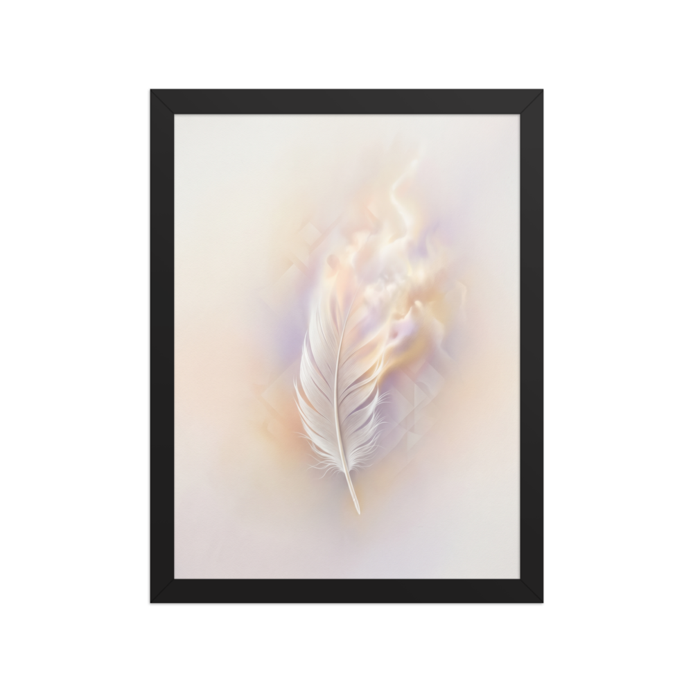 'Ethereal Plume' — a Abstract art print. A single white feather seemingly floating against a soft, luminous background of pastel orange and purple with faint geometric patterns, perfect for a peaceful bedroom.