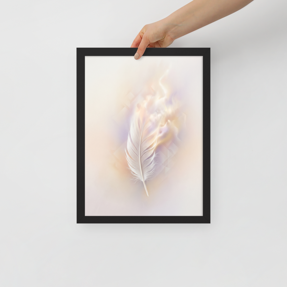 'Ethereal Plume' — a Abstract art print. A single white feather seemingly floating against a soft, luminous background of pastel orange and purple with faint geometric patterns, perfect for a peaceful bedroom.