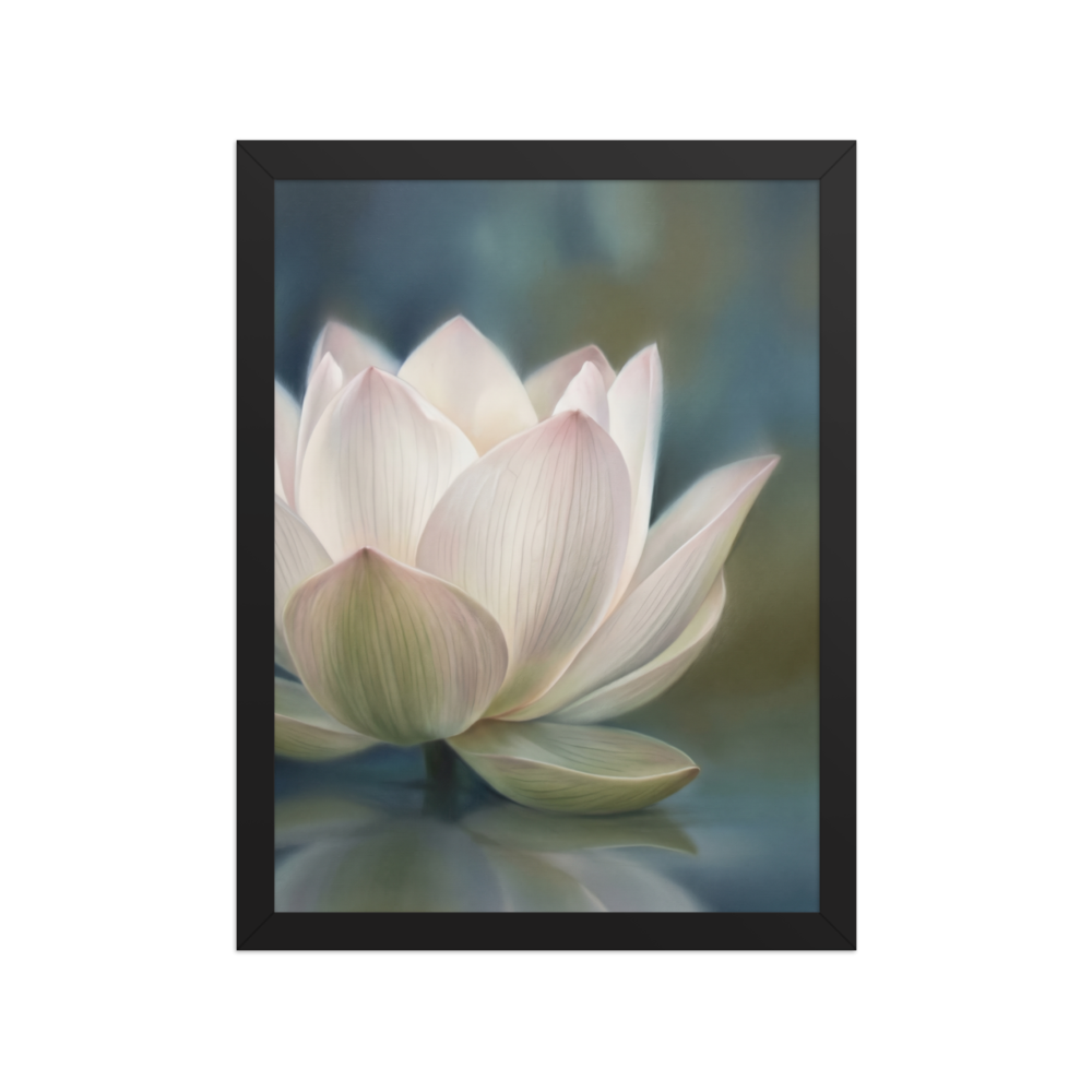 'Serene Lotus Reflection' — a Realism print. A soft, close-up painting of a pale pink and white lotus flower floating on calm, muted blue water, reflecting gently on the surface, suitable for a calm bathroom or living room.