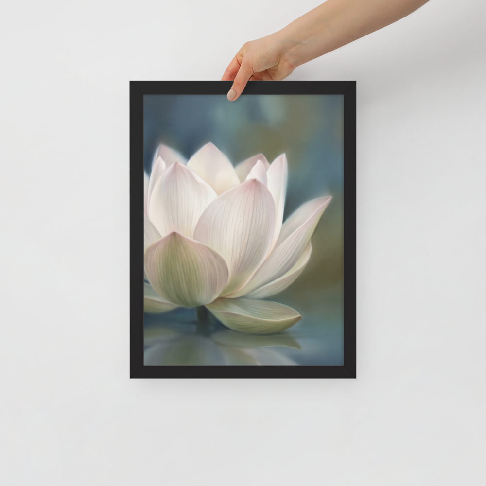 'Serene Lotus Reflection' — a Realism print. A soft, close-up painting of a pale pink and white lotus flower floating on calm, muted blue water, reflecting gently on the surface, suitable for a calm bathroom or living room.
