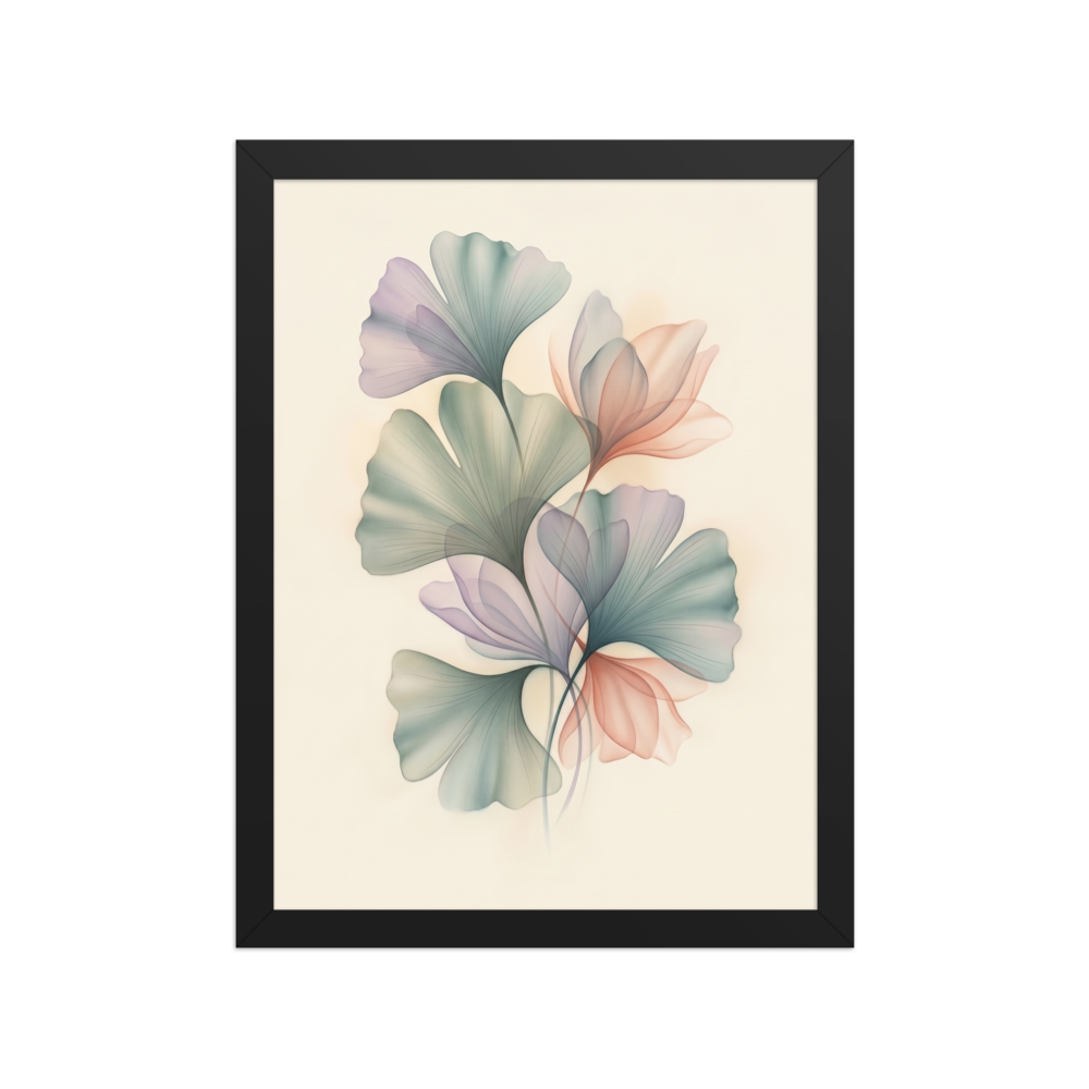'Ethereal Ginkgo Whispers' — a Abstract art print. An elegant, translucent Airbrush illustration of ginkgo leaves overlapping in soft pastel colors, perfect for a peaceful Bedroom.