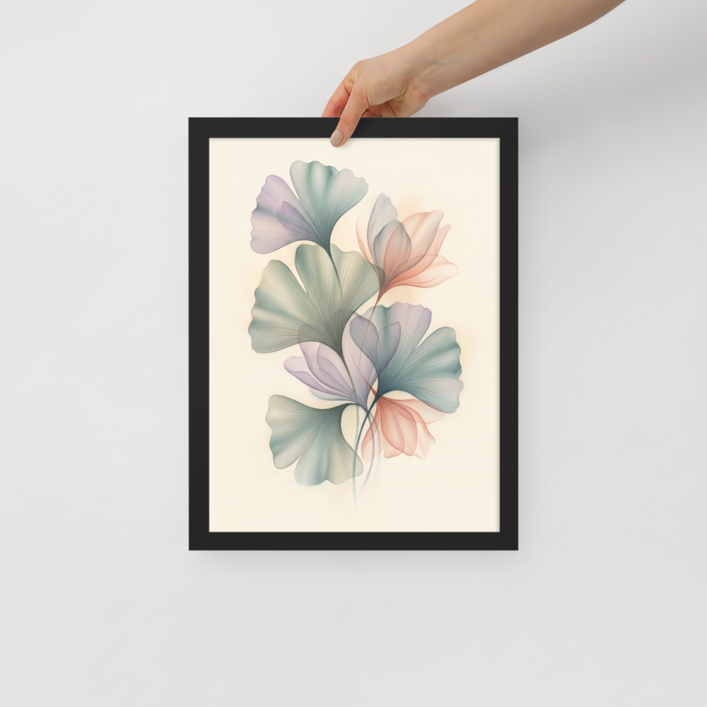 'Ethereal Ginkgo Whispers' — a Abstract art print. An elegant, translucent Airbrush illustration of ginkgo leaves overlapping in soft pastel colors, perfect for a peaceful Bedroom.