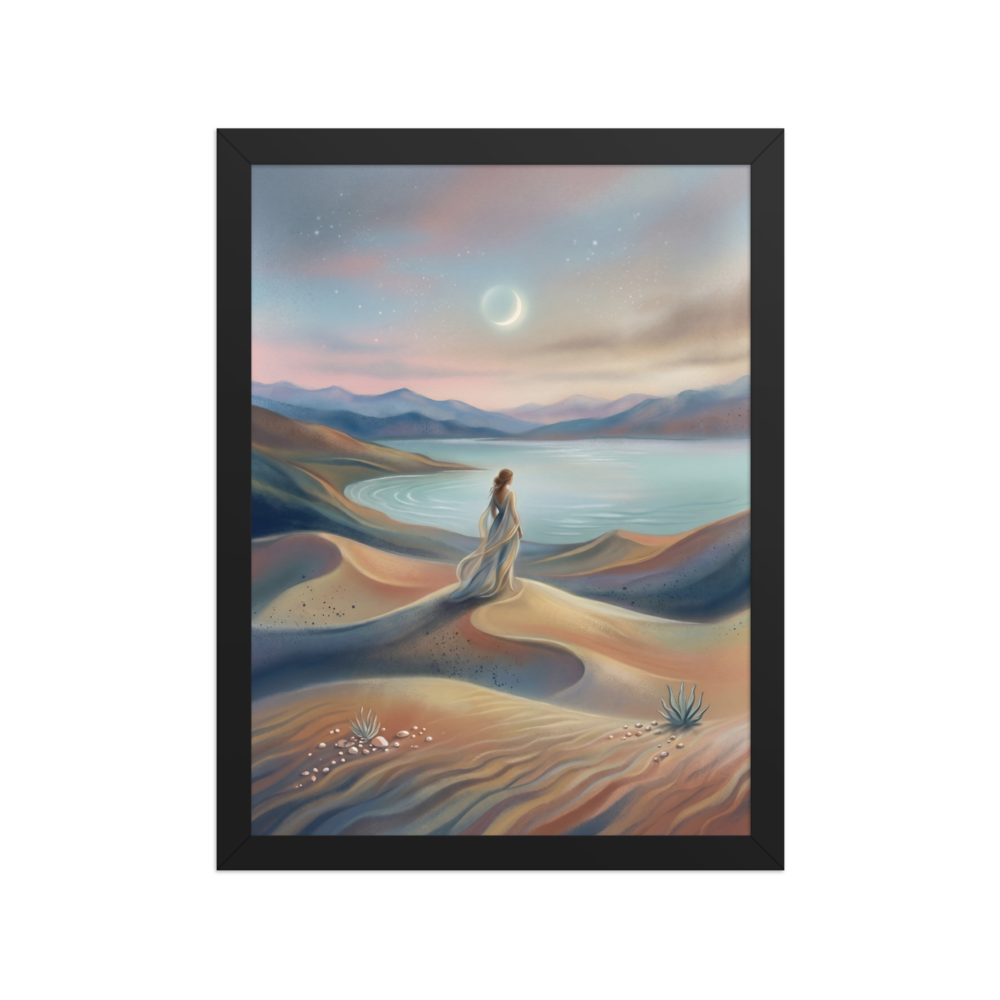 'Desert Moonrise' — a Magic realism print. A woman in a flowing dress standing on rolling sand dunes looking over a turquoise bay toward mountains under a twilight sky with a crescent moon.