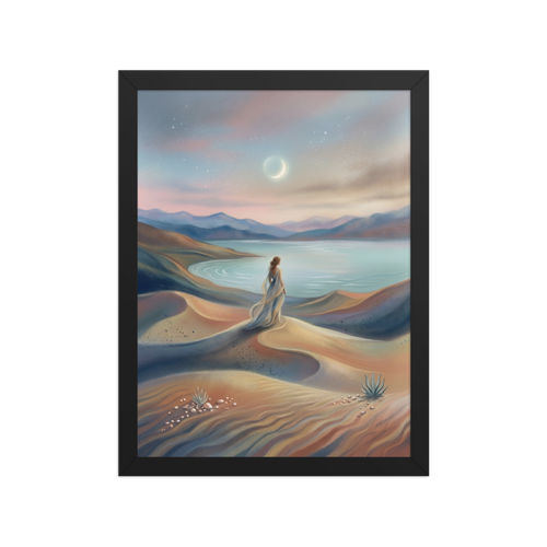 'Desert Moonrise' — a Magic realism print. A woman in a flowing dress standing on rolling sand dunes looking over a turquoise bay toward mountains under a twilight sky with a crescent moon.