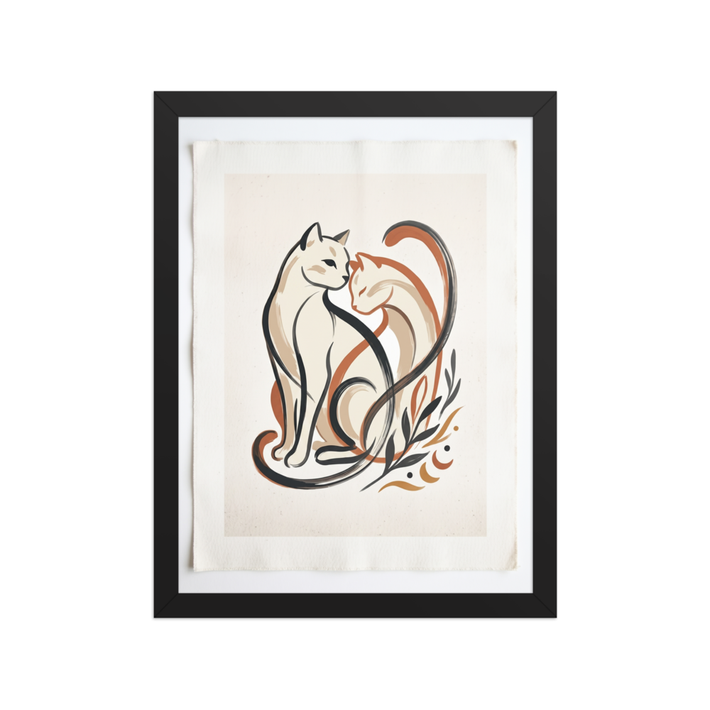 'Feline Affection' — a Minimalism,Abstract art print. A minimalist vector illustration of two cats intertwining lovingly in warm tones of cream, burnt orange, and dark charcoal, accompanied by simple botanical leaf motifs. Ideal for a cozy Nursery or Living Room.