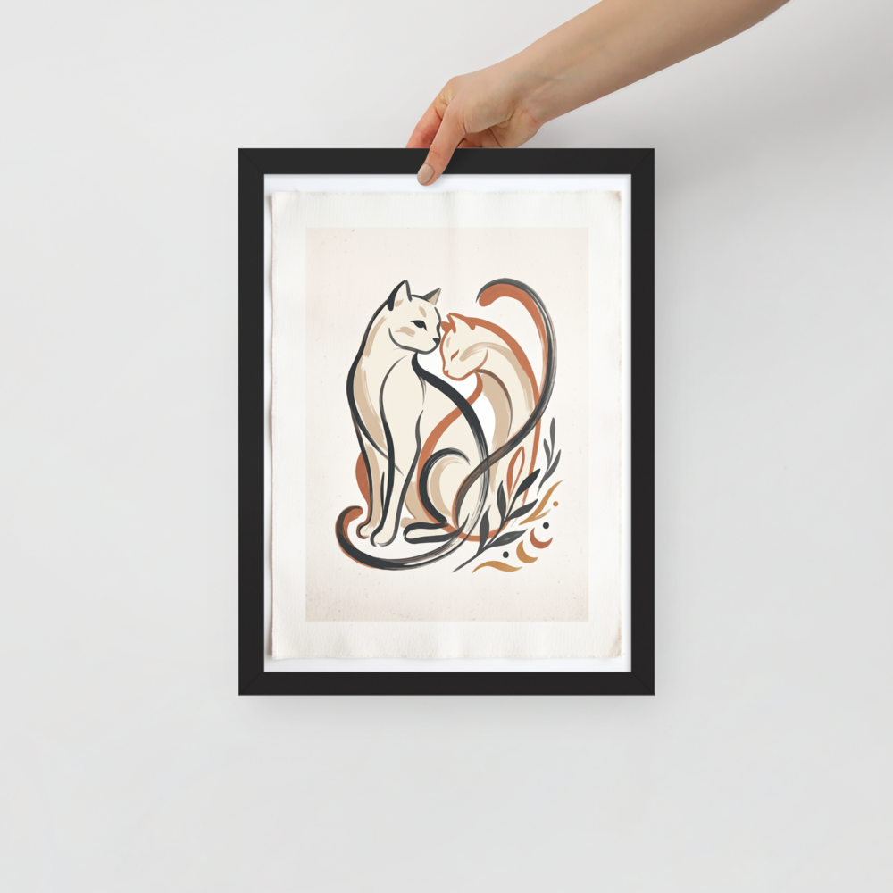 'Feline Affection' — a Minimalism,Abstract art print. A minimalist vector illustration of two cats intertwining lovingly in warm tones of cream, burnt orange, and dark charcoal, accompanied by simple botanical leaf motifs. Ideal for a cozy Nursery or Living Room.