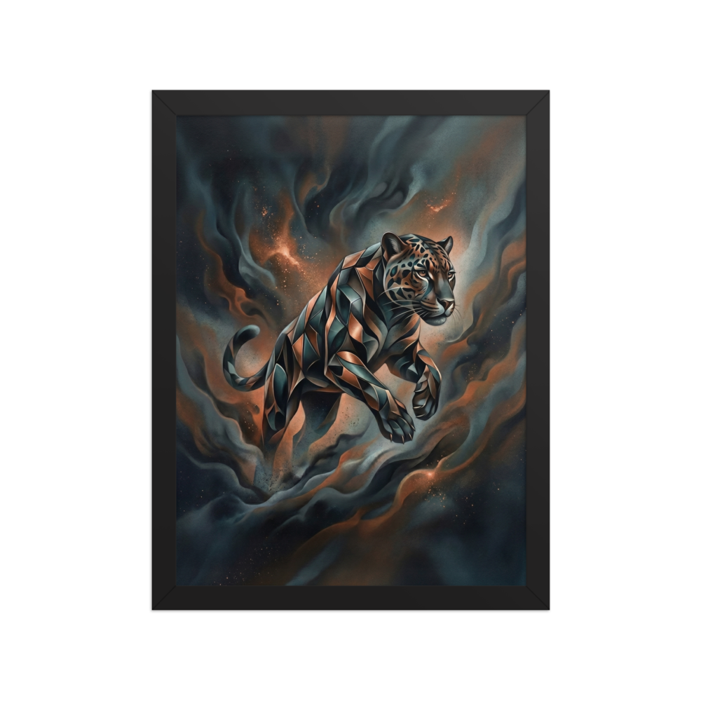 'Phantom Leap' — a Digital art print. A sleek, geometric panther leaping through dark teal and brown smoke in a modern digital art style, ideal for a living room.