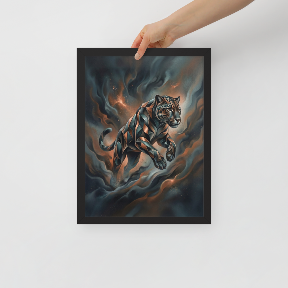 'Phantom Leap' — a Digital art print. A sleek, geometric panther leaping through dark teal and brown smoke in a modern digital art style, ideal for a living room.