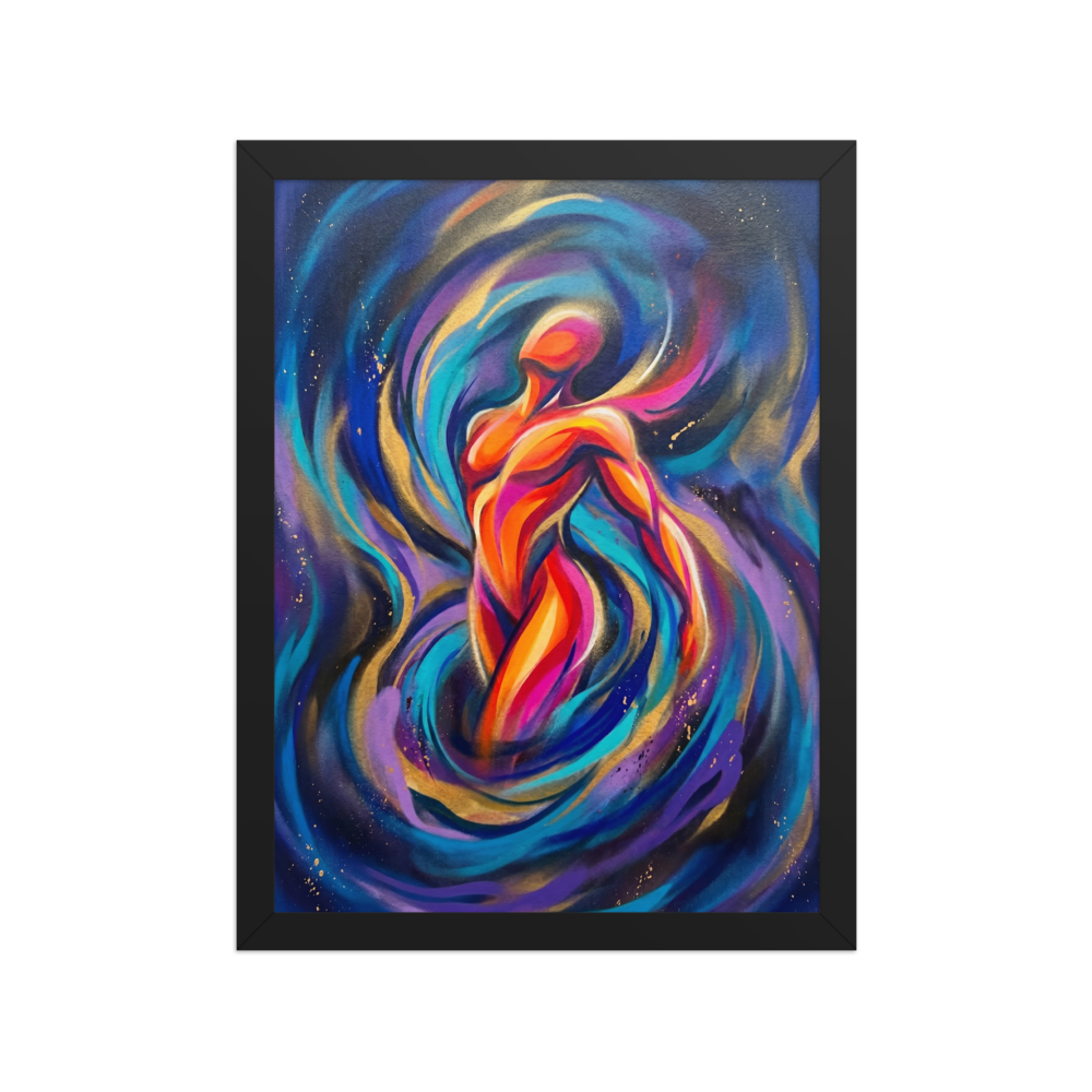 'Cosmic Pulse' — a Psychedelic art print. A glowing, abstract human figure swirling in vibrant neon pink, orange, and blue energy, suitable for a creative studio.