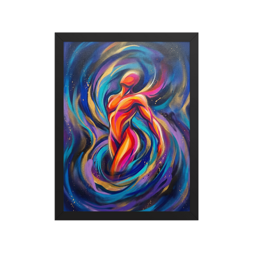 'Cosmic Pulse' — a Psychedelic art print. A glowing, abstract human figure swirling in vibrant neon pink, orange, and blue energy, suitable for a creative studio.