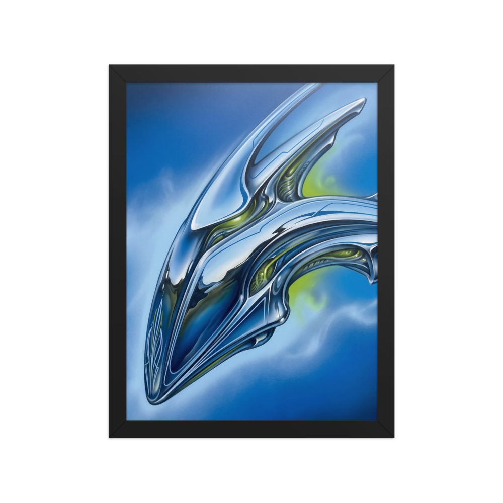 'Chrome Horizon' — a Retrofuturism print. A sleek, futuristic chrome biomechanical structure against a bright blue sky, perfect for a modern game room.