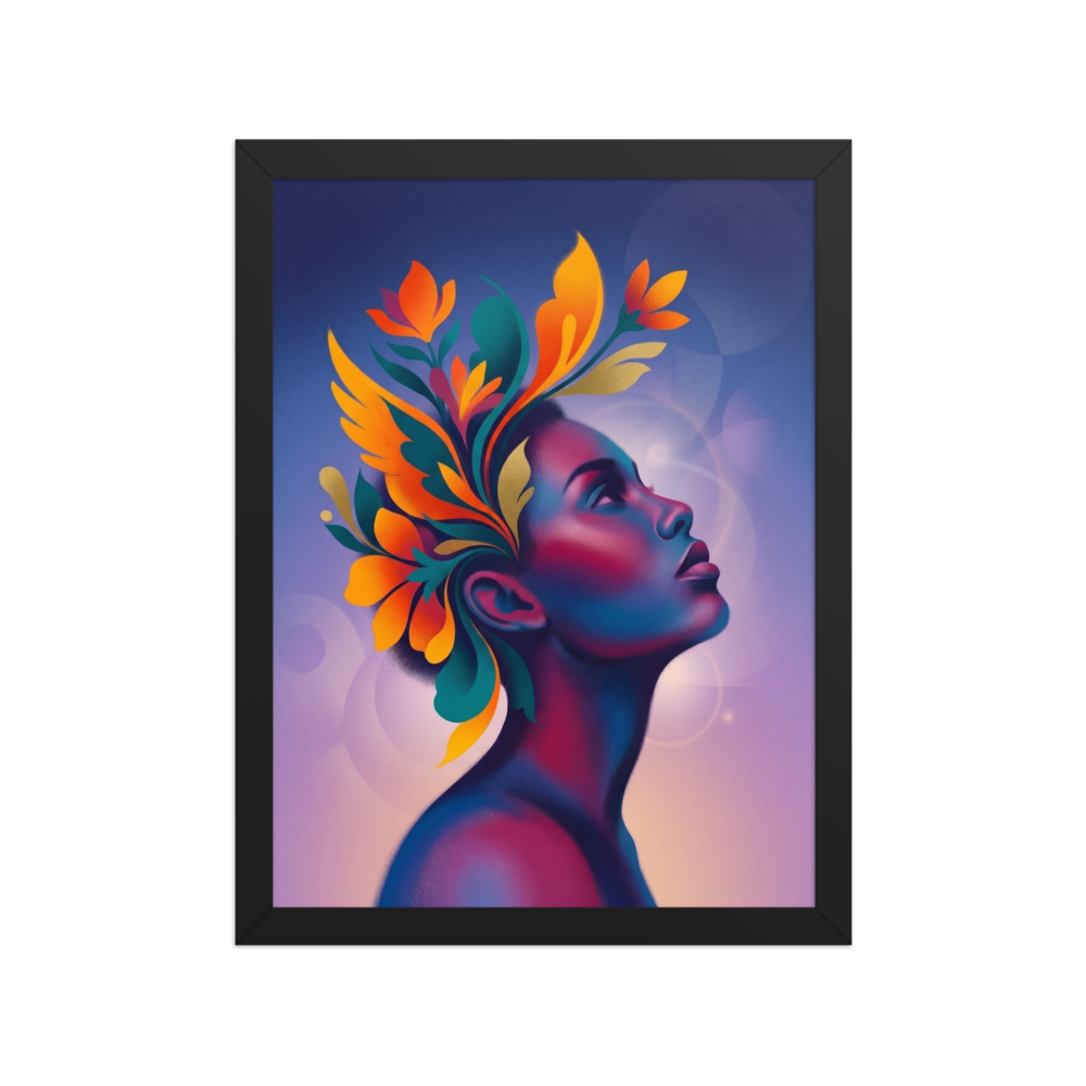 'Blossoming Thoughts' — a Surrealism print. A vibrant, surreal profile portrait of a woman with colorful floral shapes blooming from her mind, perfect for a creative studio.