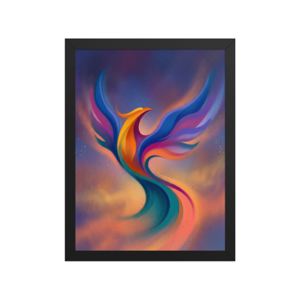 'Flight of Rebirth' — a Abstract art print. An abstract, colorful phoenix rising gracefully against a soft, misty background, ideal for a living room.