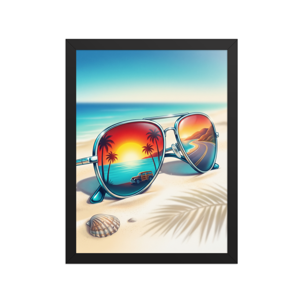 'Sunset Reflections' — a Photorealism print. Aviator sunglasses on a sandy beach, reflecting a vintage car driving along a coastal road at sunset, perfect for a game room.