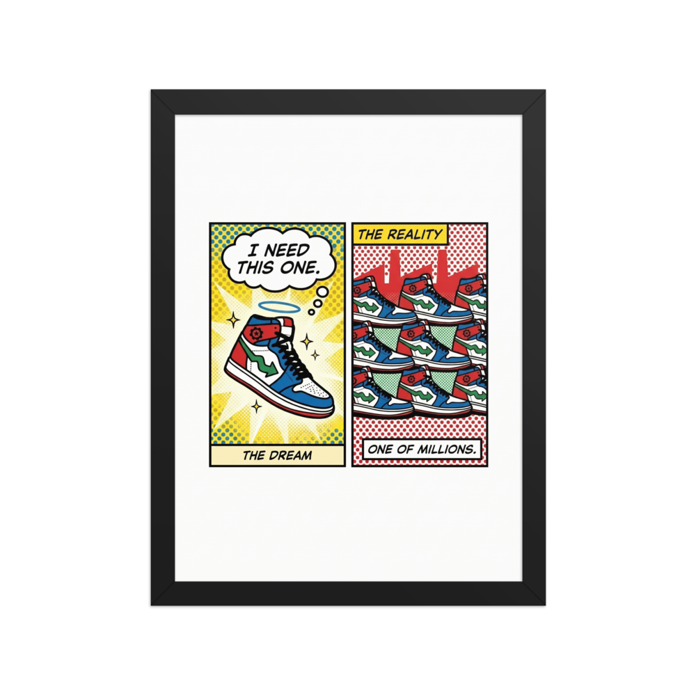 'The Sneaker Illusion' — a Pop art print. A pop art diptych contrasting a single glowing sneaker with a mass-produced pile, making an energetic statement for a Game Room.