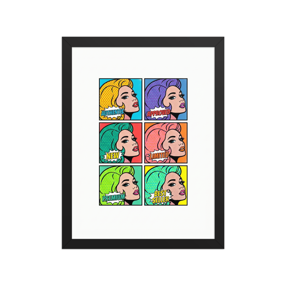 'The Six Faces of Consumerism' — a Pop art print. A pop art style grid of six colorful portraits of a woman with marketing buzzwords, perfect for adding a bright focal point to a Living Room.