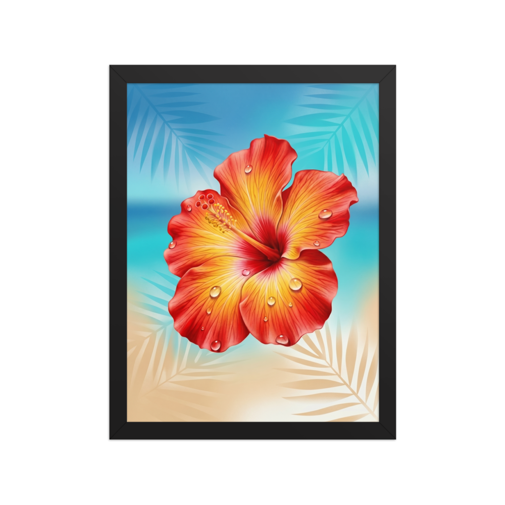 'Radiant Hibiscus' — a Realism print. A highly detailed close-up of a vibrant orange and red hibiscus flower with water droplets, bringing life to a Sunroom / Conservatory.
