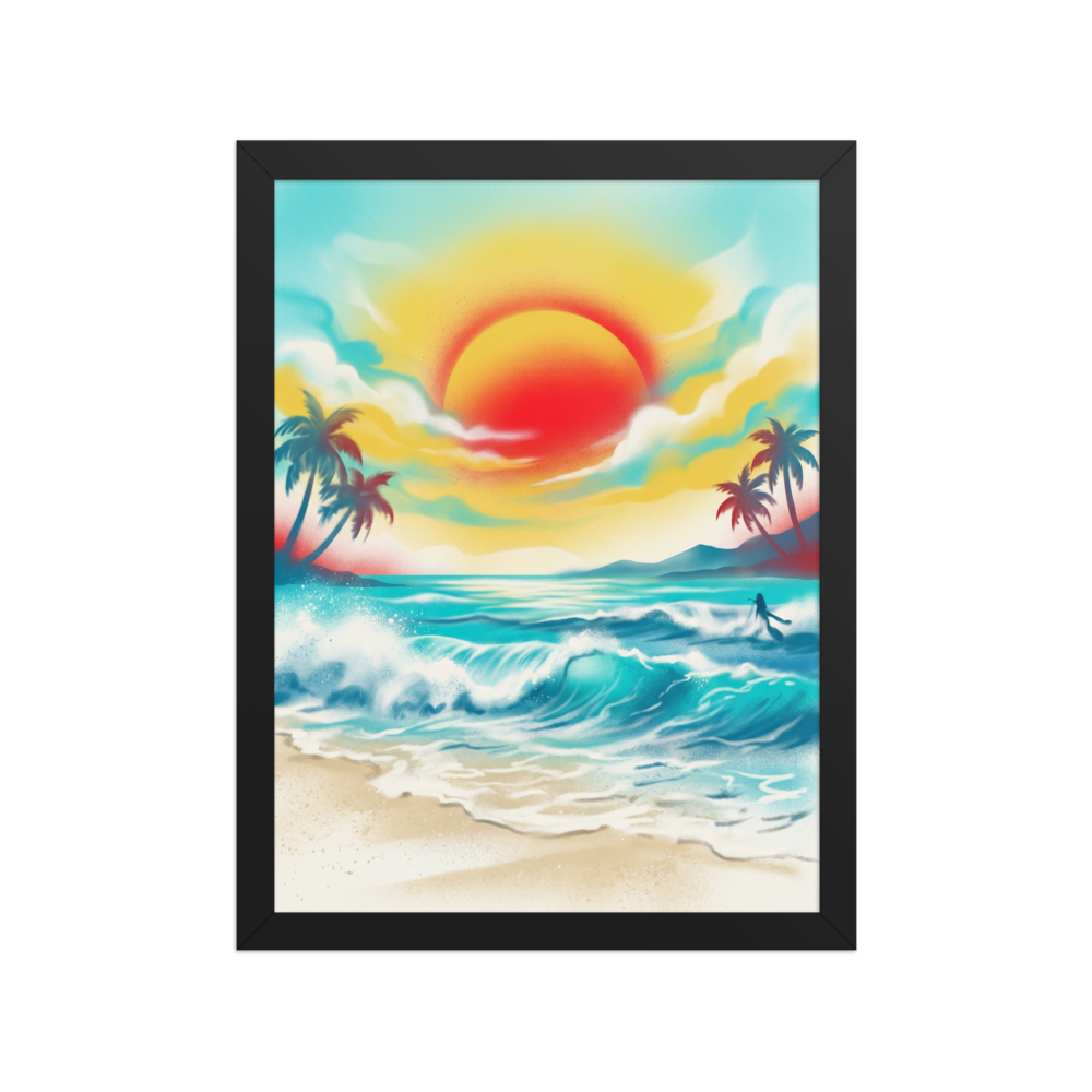 'Tropical Sunburst' — a Pop art print. A retro, airbrushed painting of a bright tropical sunset over crashing waves and palm trees, adding a lively touch to any sunroom.