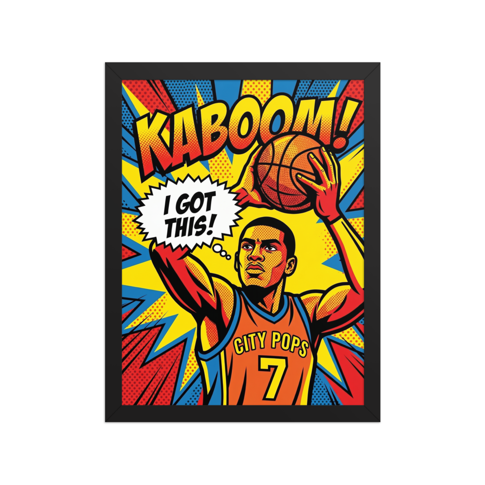 'I Got This' — a Pop art print. A pop art illustration of a basketball player holding a ball with a thought bubble saying I Got This, ideal for a game room.
