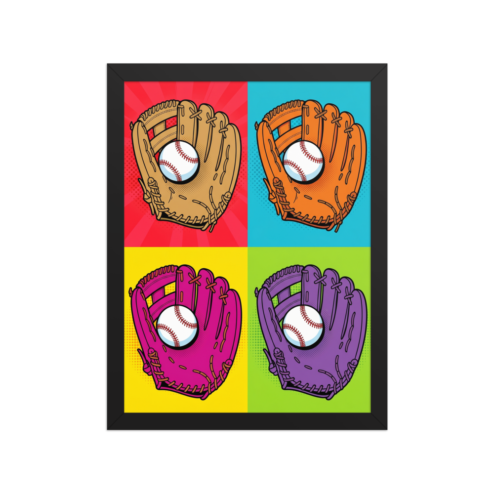 'Four Seam Pop' — a Pop art print. A pop art grid of four baseball gloves in different vibrant colors against contrasting backgrounds, a great addition to a game room.