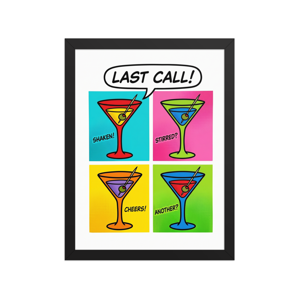 'Last Call' — a Pop art print. A retro pop art grid of four colorful martini glasses with comic text like shaken and stirred, perfect for a home bar.