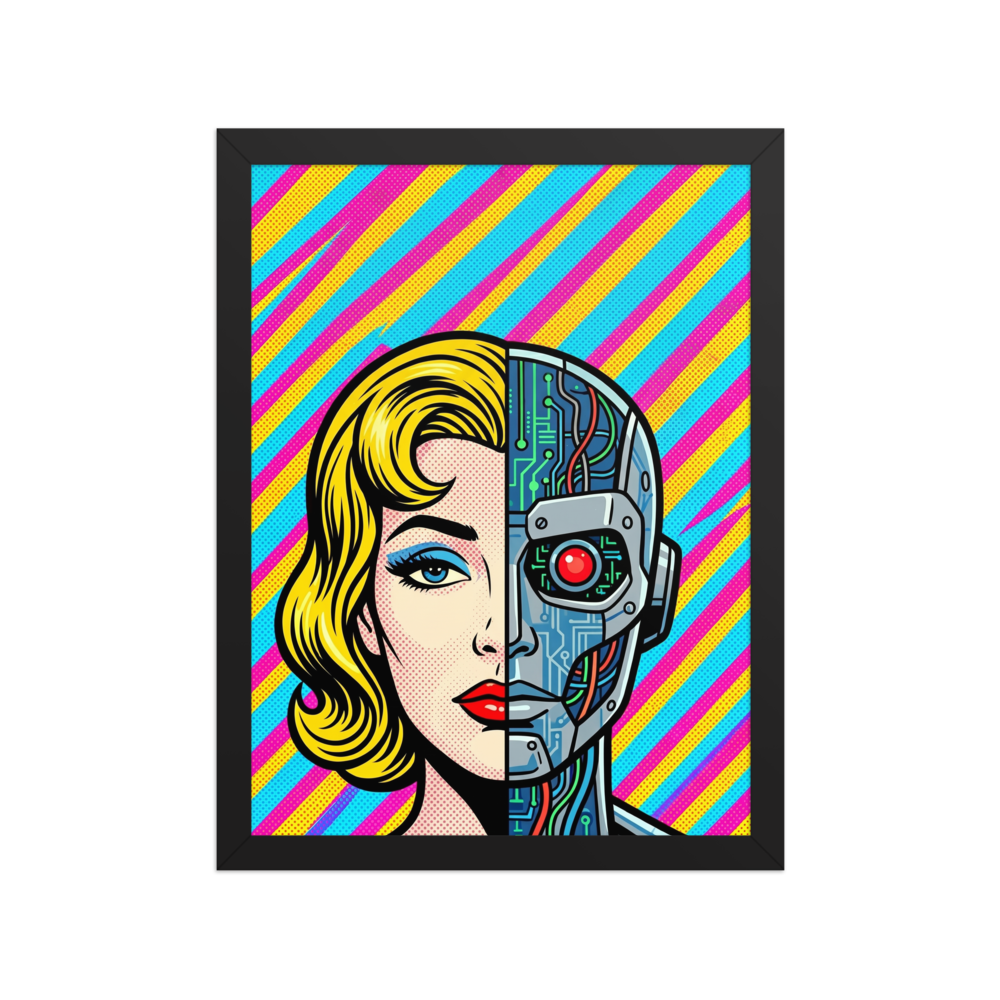'Synthetic Beauty' — a Pop art print. A split portrait showing a vintage comic book woman on one side and a robotic cyborg face on the other, an intriguing piece for a modern office.