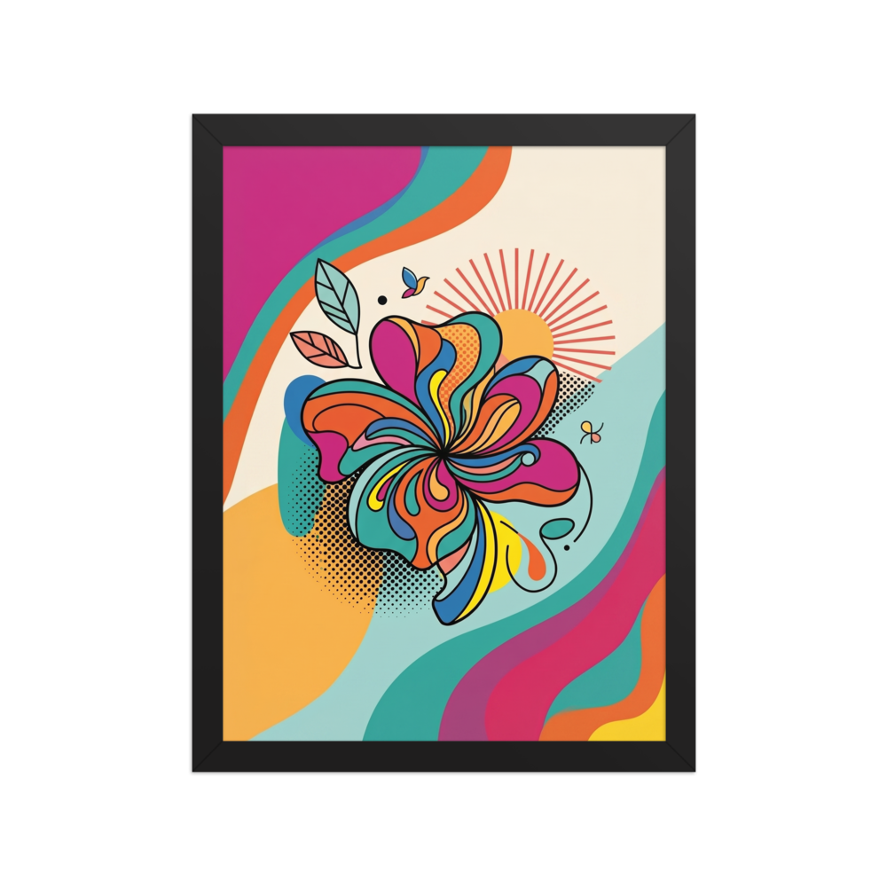 'Psychedelic Petals' — a Pop art print. A psychedelic, pop art illustration of a flower with vibrant, wavy petals, perfect for adding energy to a game room.