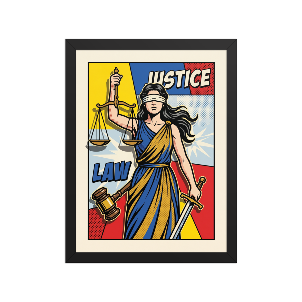 'Pop Art Justice' — a Pop art print. A bold, pop art illustration of Lady Justice holding scales and a sword, an excellent addition to an office.