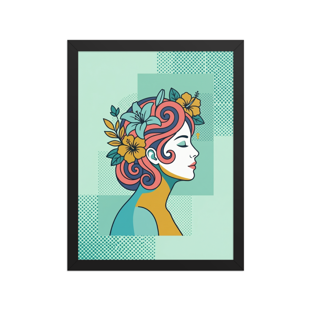 'Tropical Flow' — a Pop art print. A stylized pop art profile of a woman with flowing hair and tropical flowers, adding a dreamy touch to a bedroom.
