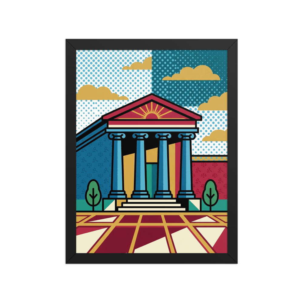 'Pop Art Courthouse' — a Pop art print. A colorful, pop art illustration of a classical courthouse building with halftone patterns, ideal for a home office.
