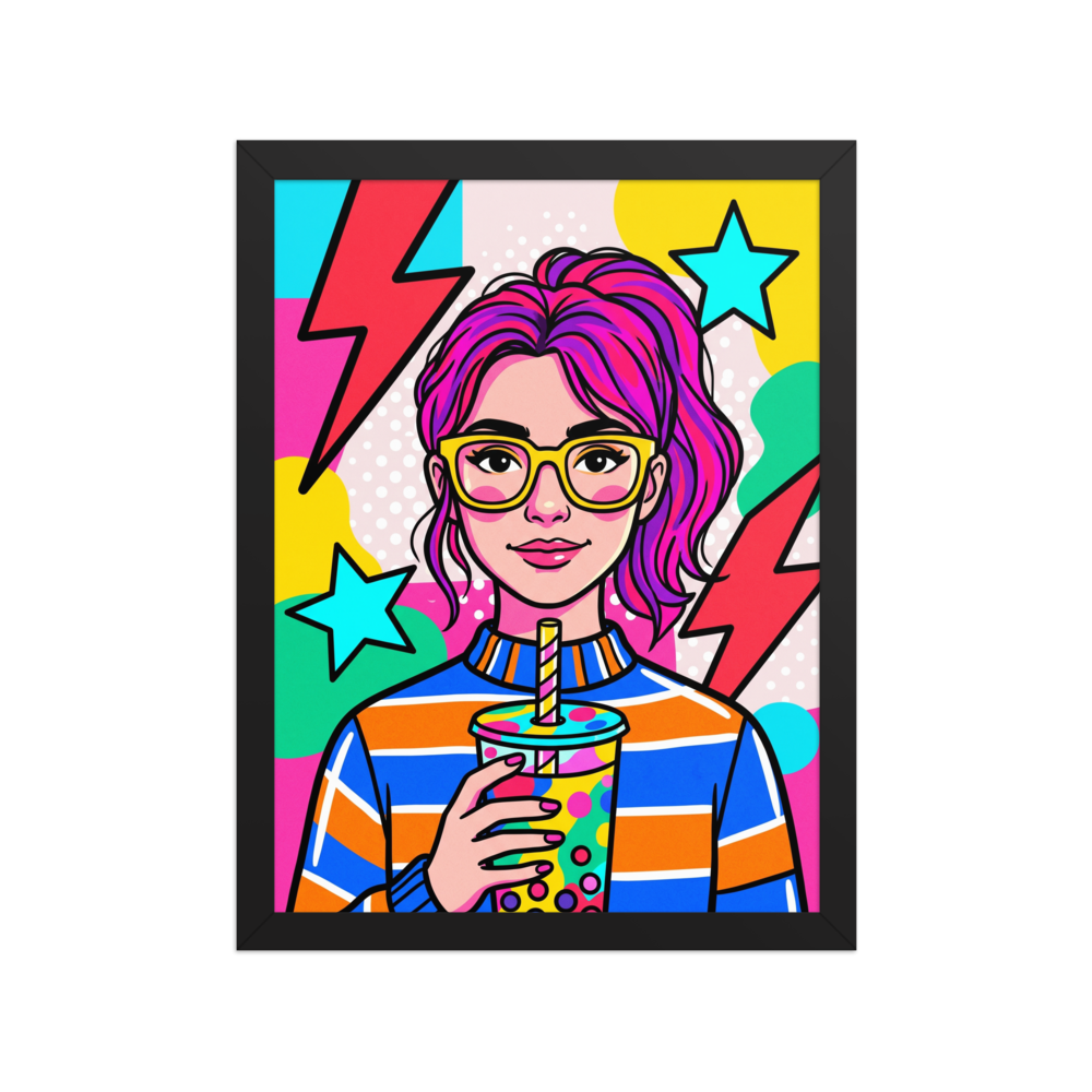 'Boba Pop' — a Pop art print. A vibrant pop art portrait of a woman with pink hair drinking bubble tea, a lively piece for a game room.