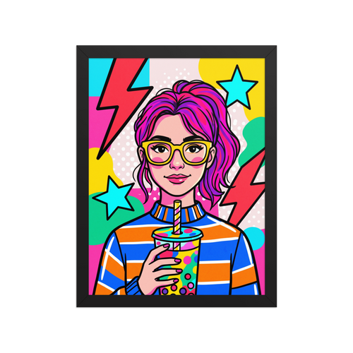 'Boba Pop' — a Pop art print. A vibrant pop art portrait of a woman with pink hair drinking bubble tea, a lively piece for a game room.