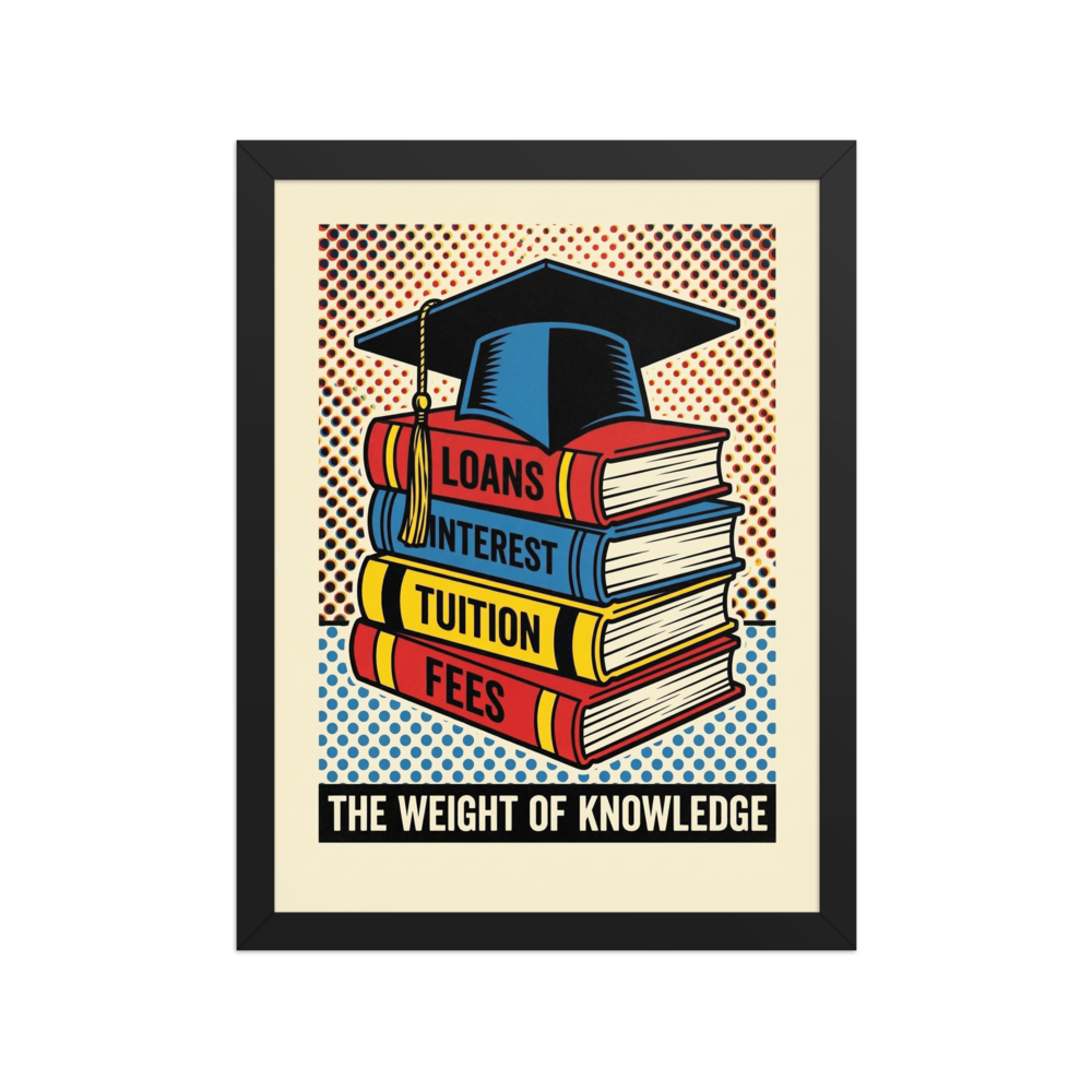 'The Weight of Knowledge' — a Pop art print. A bold pop art illustration of stacked books labeled with student expenses and a graduation cap, perfect for a library.