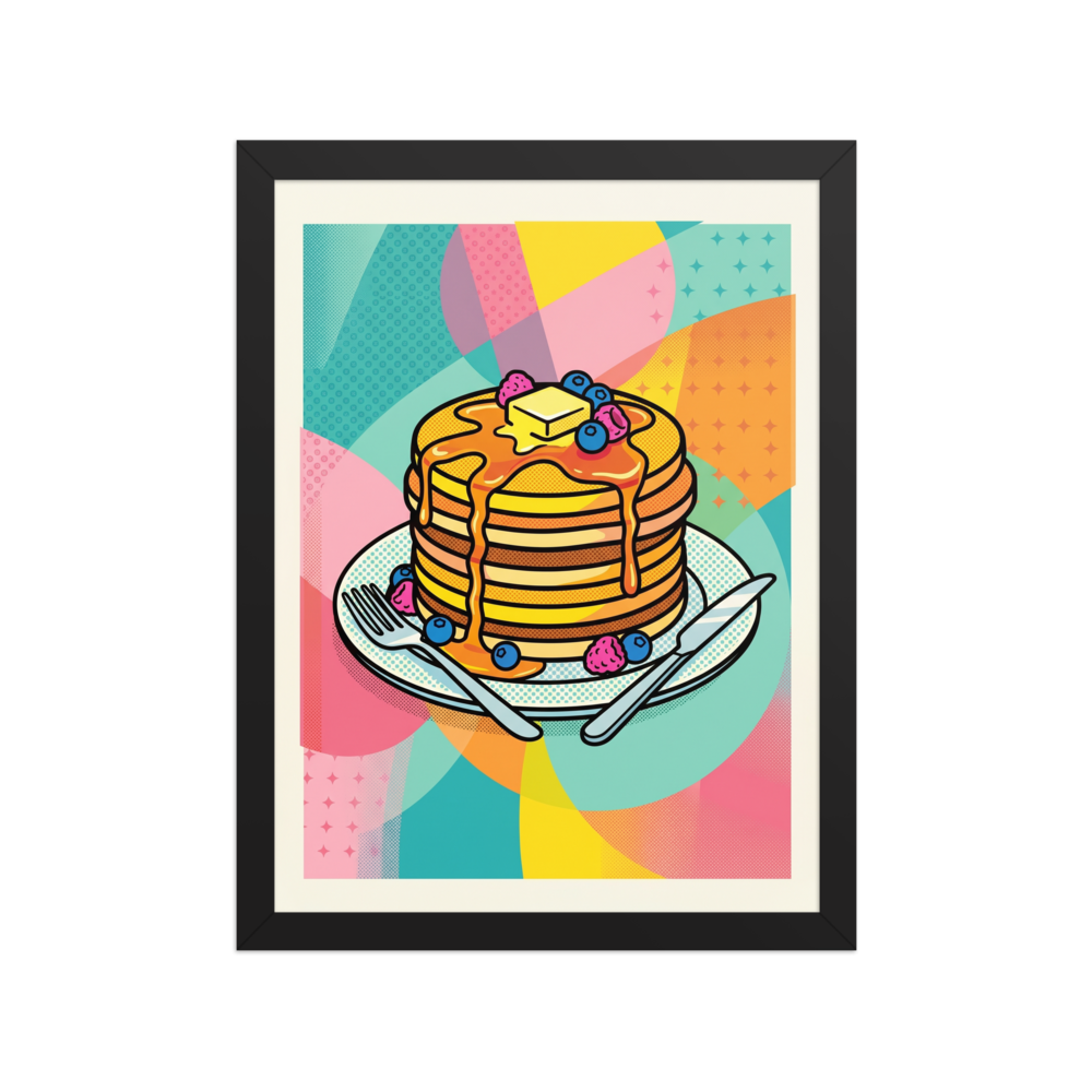 'Pop Pancakes' — a Pop art print. A colorful pop art illustration of a stack of pancakes with syrup and berries against a geometric background, perfect for a lively dining room.
