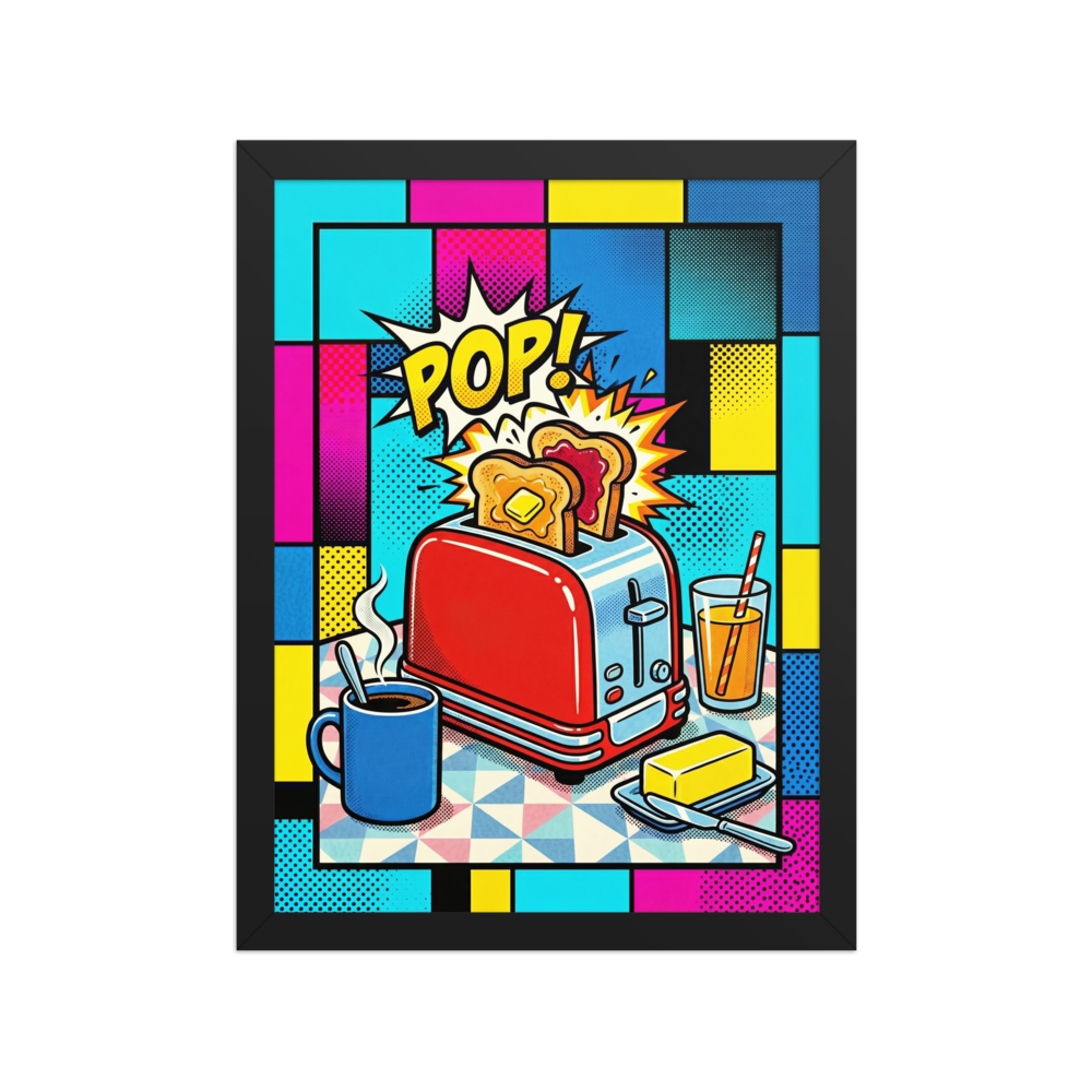 'Pop Goes the Toast' — a Pop art print. A colorful pop art image featuring a red toaster popping toast, a coffee mug, and orange juice against a vibrant grid background, perfect for a kitchen.
