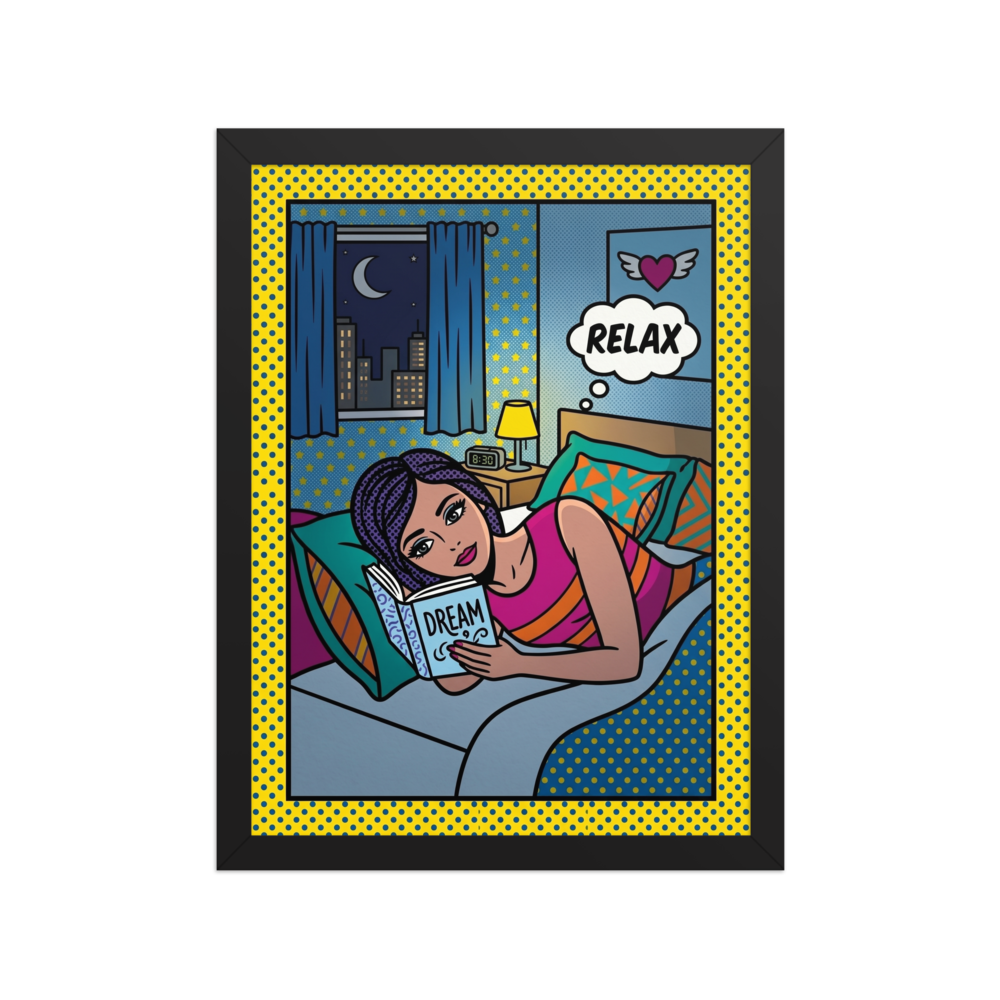 'Relax and Dream' — a Pop art print. A comic-style pop art illustration of a woman reading a book titled DREAM in bed, with a thought bubble saying RELAX, perfect for a cozy bedroom.