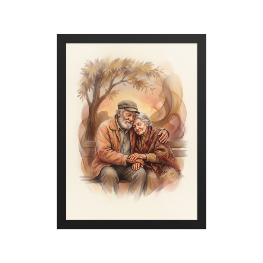 'Autumn Affection' — a Realism print. An elderly couple embraces warmly on a park bench beneath an autumn tree, making this piece a heartwarming addition to a cozy living room.