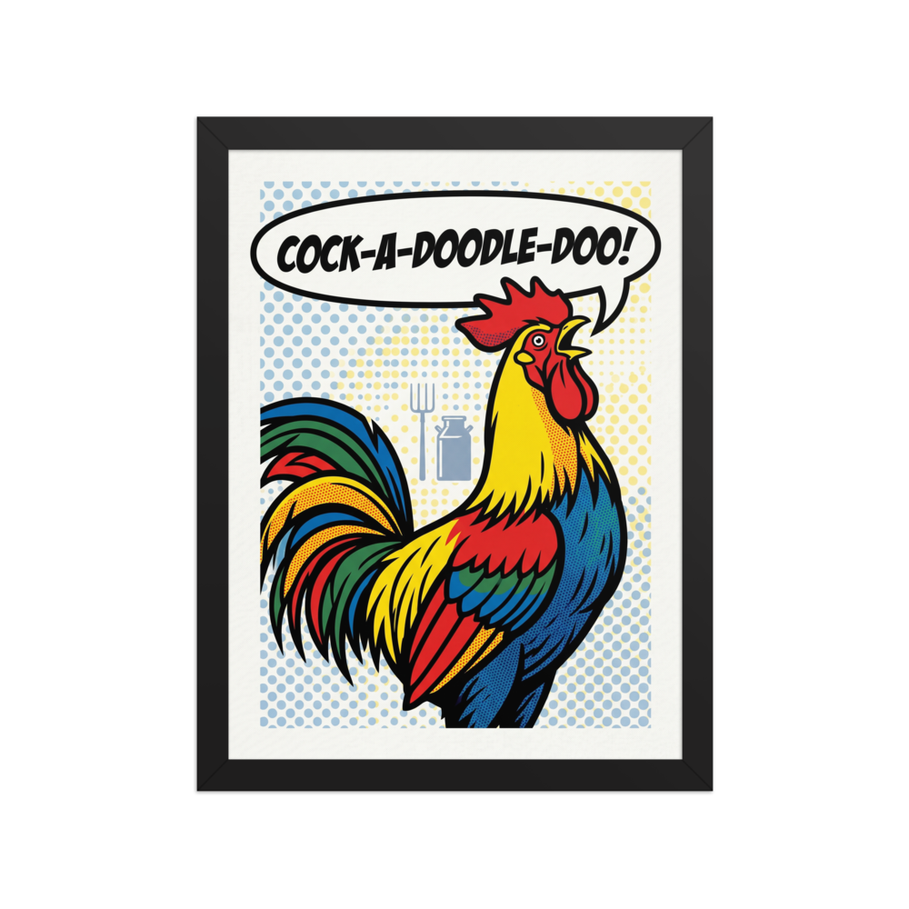 'Morning Call' — a Pop art print. A colorful pop art rooster crowing with a speech bubble saying COCK-A-DOODLE-DOO against a halftone background, perfect for a lively kitchen.