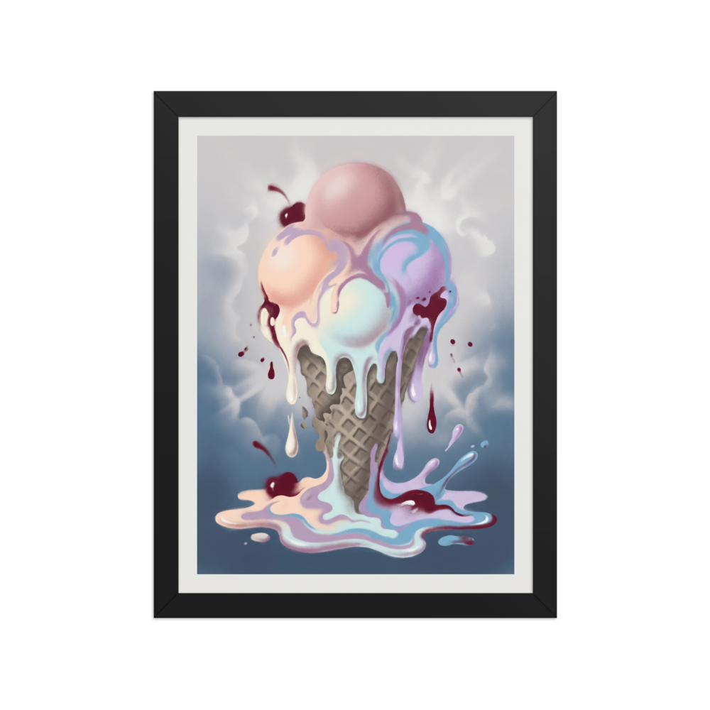 'Melting Pastels' — a Pop art print. A colorful, melting ice cream cone with dripping scoops of pink, blue, and purple, making this a fun addition to a kitchen or dining room.