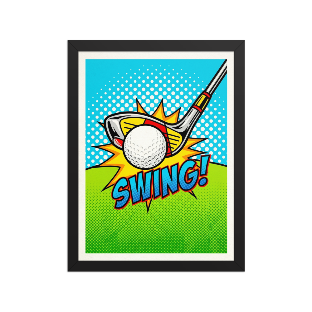 'Comic Swing' — a Pop art print. A colorful pop art image of a golf club hitting a ball with an explosive burst and the word SWING, perfect for a game room.