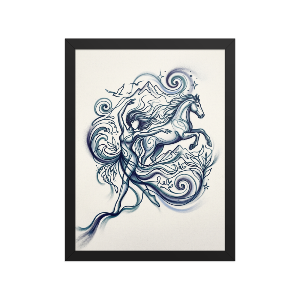'Wind and Spirit' — a Arabesque,Figurative art print. Flowing airbrushed lines depict a woman dancing alongside a galloping horse, surrounded by mountains and waves, perfect for adding a mystical touch to a bedroom.