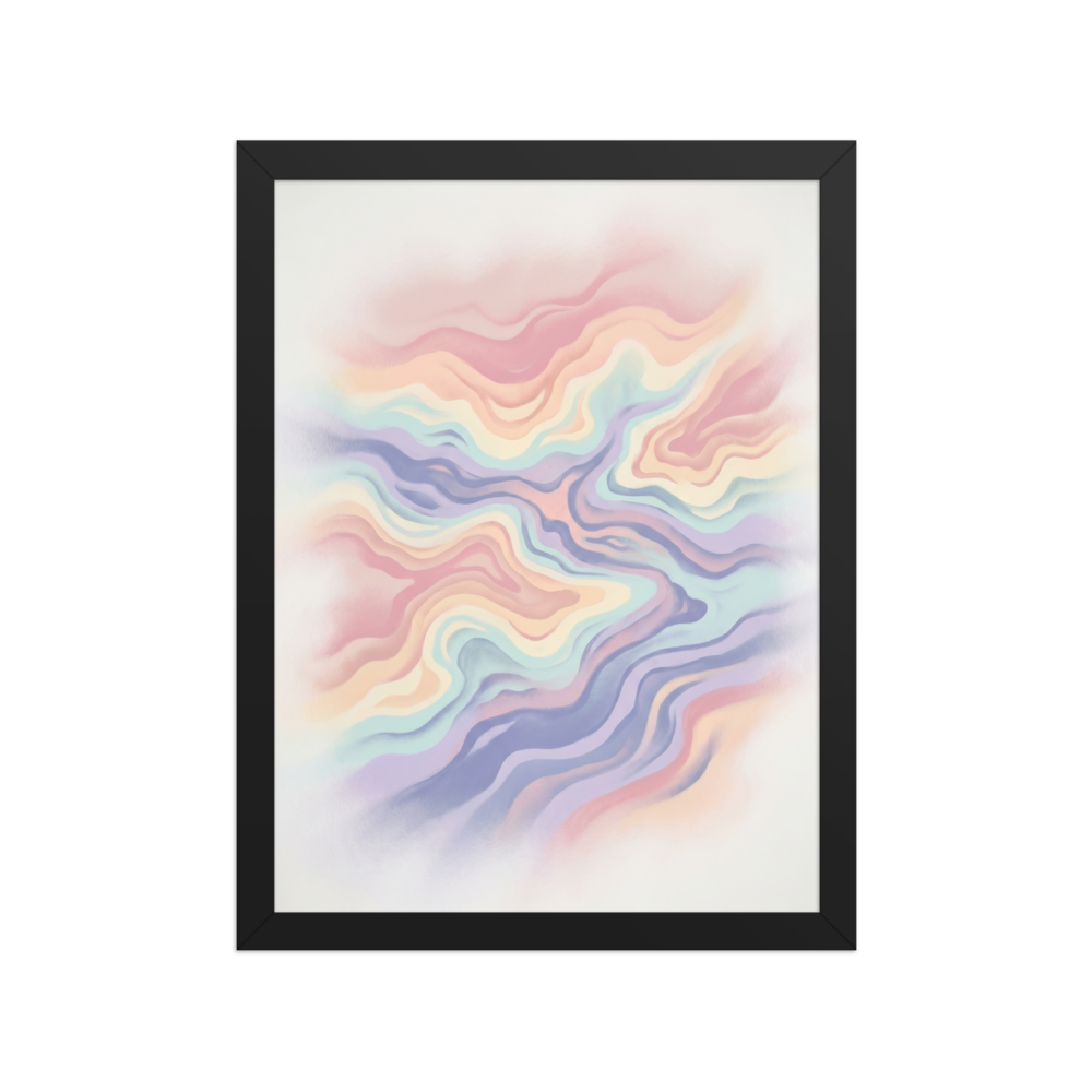 'Pastel Waves' — a Abstract art print. Soft, flowing waves of pastel pink, purple, and blue create a calming abstract pattern, perfect for a nursery or a relaxing bedroom.