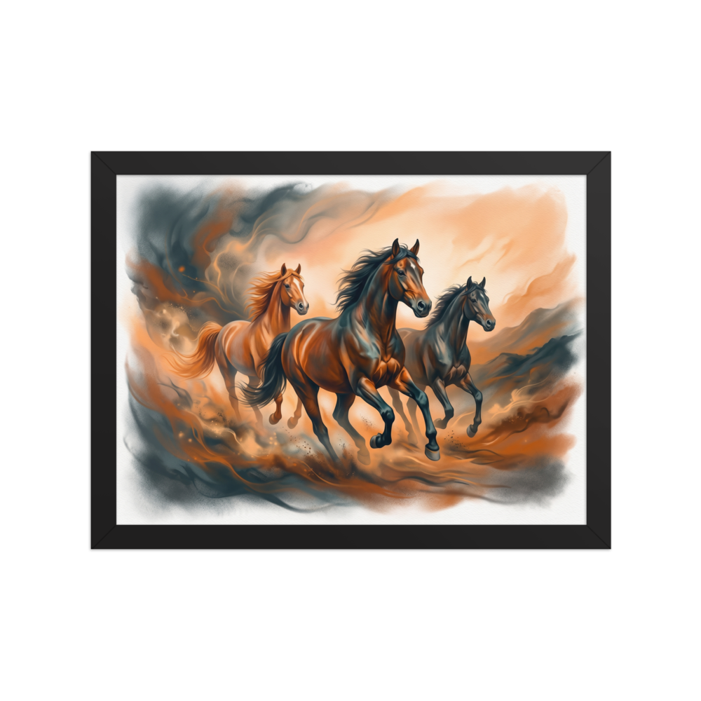 'Dust and Thunder' — a Realism print. Three horses galloping powerfully through a dusty, earth-toned landscape, creating a striking focal point for a Living Room.
