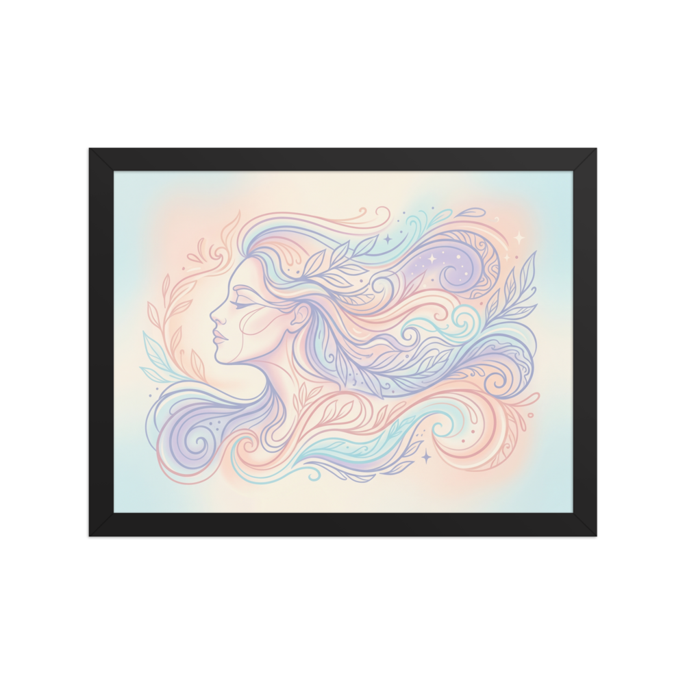 'Zephyr's Embrace' — a Arabesque,Figurative art print. A delicate profile of a woman with flowing, pastel hair intertwined with leaves and vines, adding a peaceful, dreamy vibe to a bedroom or living room.