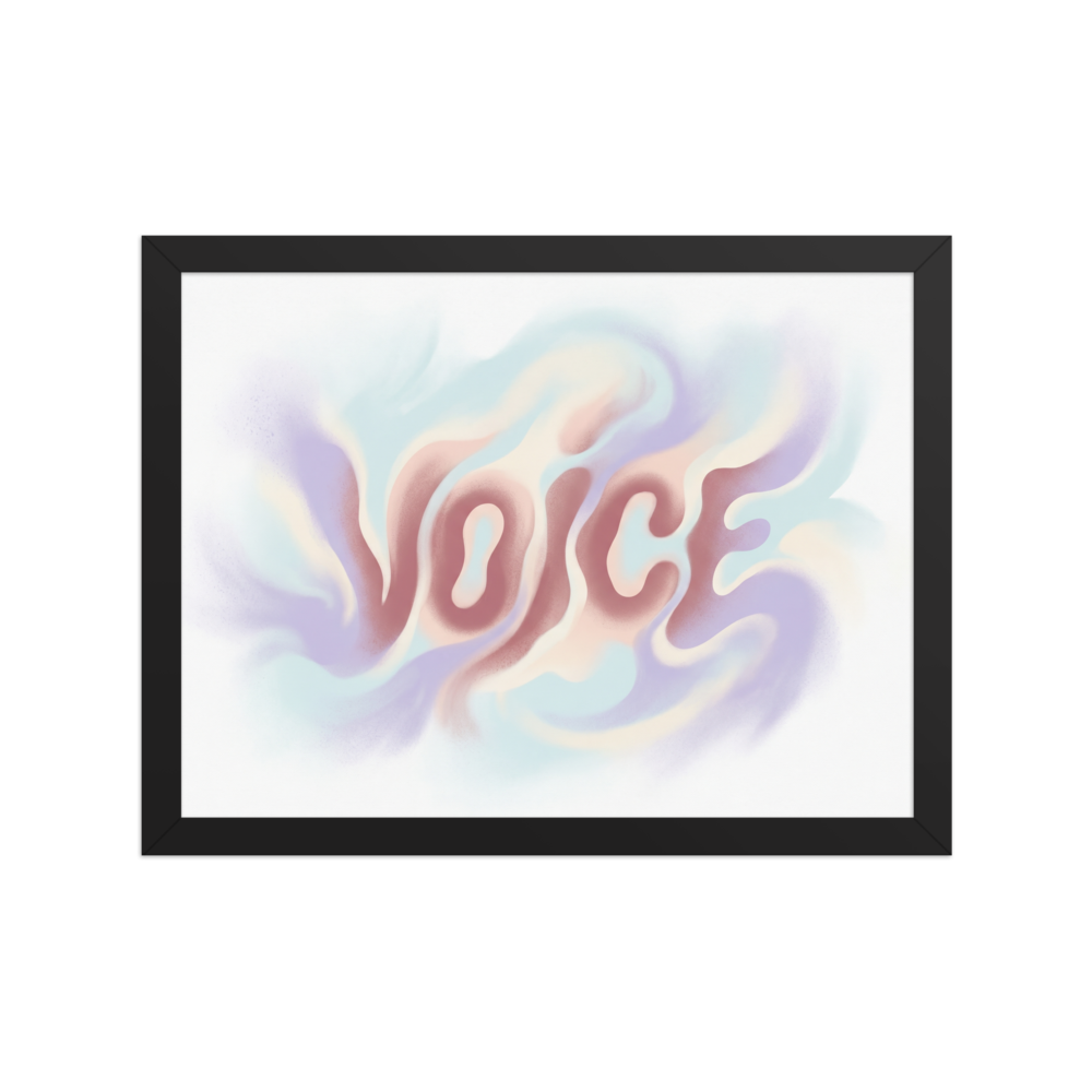 'Echoes of Voice' — a Pop art,Abstract art print. The word "VOICE" written in soft, wavy pastel lettering surrounded by dreamy smoke-like swirls, perfect for an inspiring home office or studio.