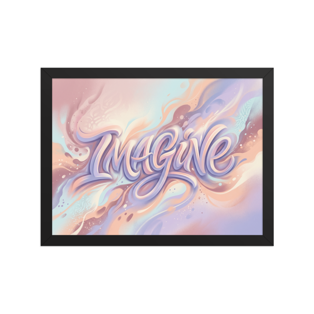 'Dreamer's Imagine' — a Pop art,Abstract art print. The word "IMAGINE" written in flowing, 3D cursive lettering against a swirling pastel background, adding a creative and inspiring touch to a playroom or office.
