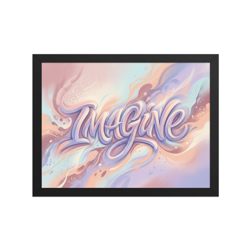 'Dreamer's Imagine' — a Pop art,Abstract art print. The word "IMAGINE" written in flowing, 3D cursive lettering against a swirling pastel background, adding a creative and inspiring touch to a playroom or office.