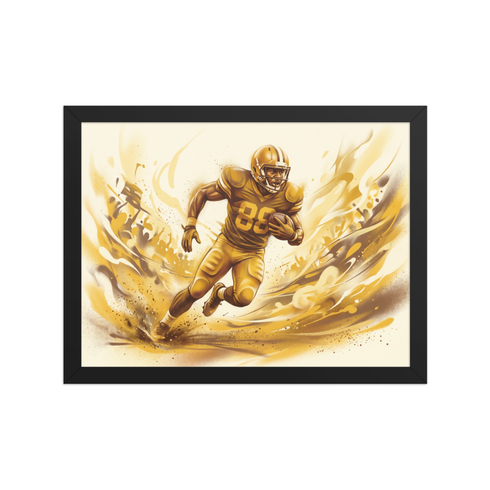 'Golden Gridiron' — a Figurative art print. An intense portrait of a football player running through golden dust, adding competitive energy to a Man Cave.