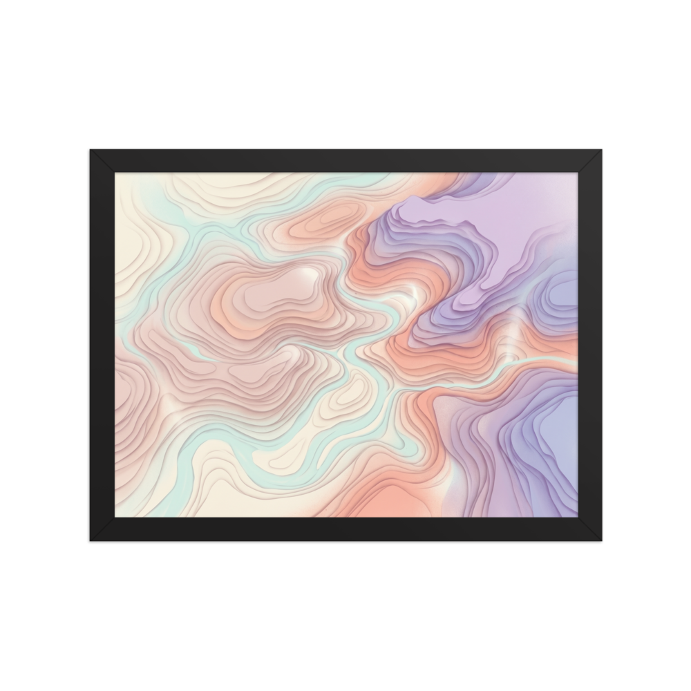 'Pastel Topography' — a Abstract art,Geometric abstract art print. An abstract design featuring layered topographic lines in soft pastel shades of pink, purple, and blue, perfect for adding depth to a modern living room or office.